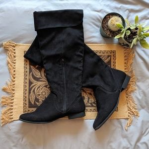 Black suede knee-high boots